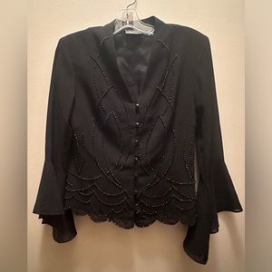 Dressbarn Black button up blouse with 3/4 flared bell sleeve Beaded trim scallop